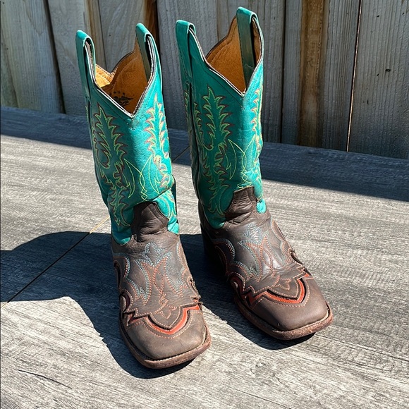 Teal and Brown Leather Boots square toe